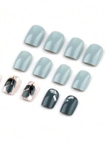 24入組新鮮優雅暗綠葉枝和金箔莫蘭迪風格剪裁方形假指甲+1支果凍膠和1支指甲磨光文件套裝，擠壓式假指甲甲品 - 墨綠色 - 查看 5