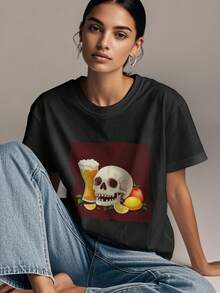 Women's Print Short Sleeve T-Shirt, Black & White Shirt, 180gsm Shirt, Crew Neck Short Sleeve T-Shirt, Breathable & Comfortable Casual Sports Fitness Tee, Casual Vintage Style, Suitable For Summer, Beach Holiday Crew Neck Short Sleeve Casual T-Shirt, Summer Tee - 黑 - 查看 3