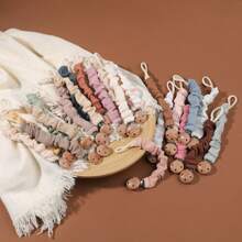 1pc Baby Infant Crinkly Fabric Stylish Print Pacifier Clip And Wooden 3-Slot Pacifier Holder, For Daily Use - Multicolor - View 8