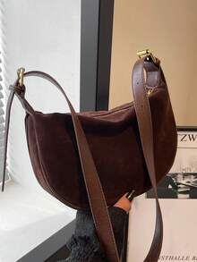 秋冬季女士纯色绒面斜挎包，复古时尚手提包，配有可调节肩带和拉链开合，适合日常外出、约会、通勤、度假、户外、送礼 - 咖啡棕 - 查看 4