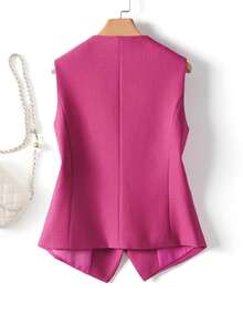 Women Solid Color Vest, V-Neck Jacket, Spring Autumn Style, Fashionable Commuter, Female Garment Casual Summer - Hot Pink - View 2