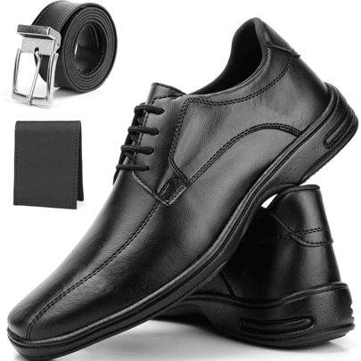 Sapato Social Masculino Cadarço Amarrar Confort Couro Cinto + Carteira