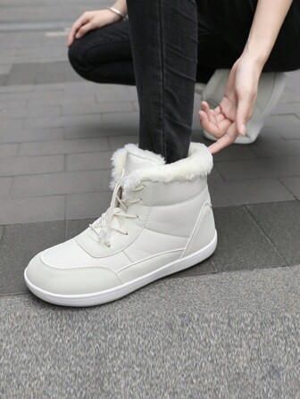 1pair Lace-Up 2024 Winter New Plus Size Women Mid-Top Thick High-Top Winter Shoes, Outdoor Warm Snow Boots, Comfortable Wide-Fit