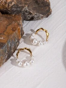 Uworld 1 对甜美复古女士 U 形珍珠耳环日常百搭不锈钢耳环 - 珍珠 - 查看 6