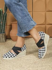 Giày cao gót đế xuồng kẻ sọc cho nữ, giày sandal đế xuồng buộc dây mũi tròn - Đen và trắng - Xem 3