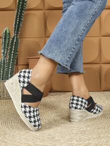 Giày cao gót đế xuồng kẻ sọc cho nữ, giày sandal đế xuồng buộc dây mũi tròn - Đen và trắng - Xem 5