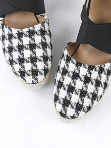 Giày cao gót đế xuồng kẻ sọc cho nữ, giày sandal đế xuồng buộc dây mũi tròn - Đen và trắng - Xem 8