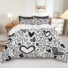 3 件套北欧风格黑色心形印花羽绒被套（1 * 羽绒被套 + 2 * 枕套，不含芯），浪漫太空主题，奢华柔软，透气舒适，非常适合卧室和客房，舒适、防过敏、易于护理，适合所有季节 - 黑與白 - 查看 7