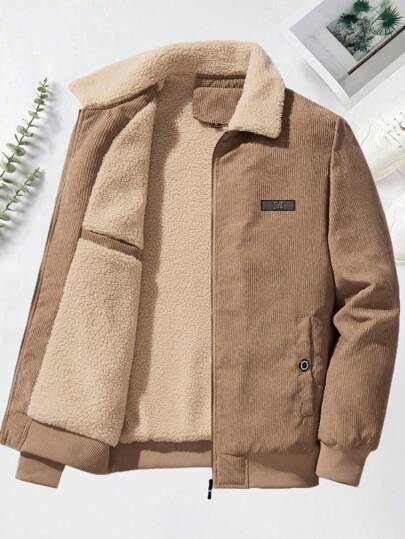 Chaqueta casual con manga larga y estampado de letras de forro polar para hombre, otoño/invierno