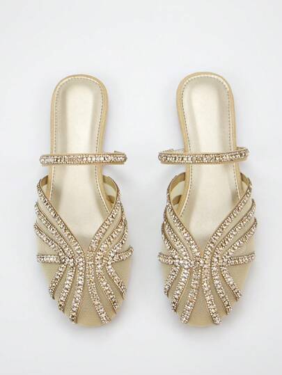 秋冬女士奢华全水钻镂空装饰金丝绒休闲尖头松紧带平底鞋，适合日常穿着和派对，穆勒鞋