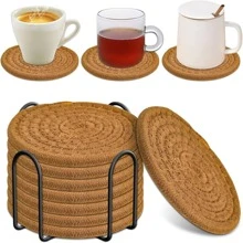 8 Pieces Of Absorbent Drink Coasters + Storage Rack, Coffee Table Woven Coasters, Kitchen Table Heat-Resistant Coasters And Thick Insulation Pads - Caramel Color 8 Pieces + Storage Rack - View 4