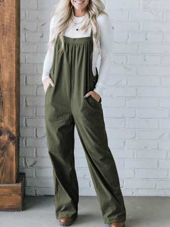 女式纯色口袋宽松灯芯绒休闲工装裤