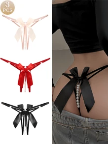 Set de 3 bragas tanga de tiro bajo ajustables con decoración de perlas y moño para mujer - Multicolor - Ver 1
