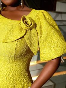 Đầm chữ A tay phồng xòe họa tiết hoa hồng jacquard cỡ lớn dành cho nữ, thích hợp đi làm, dự tiệc cocktail thanh lịch, dạ hội hoặc các dịp khác như sinh nhật, đám cưới, tốt nghiệp, tiệc tối, lễ hội, tiệc tùng, ngày Valentine. - Màu vàng - Xem 7