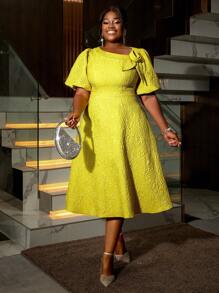 Đầm chữ A tay phồng xòe họa tiết hoa hồng jacquard cỡ lớn dành cho nữ, thích hợp đi làm, dự tiệc cocktail thanh lịch, dạ hội hoặc các dịp khác như sinh nhật, đám cưới, tốt nghiệp, tiệc tối, lễ hội, tiệc tùng, ngày Valentine. - Màu vàng - Xem 4