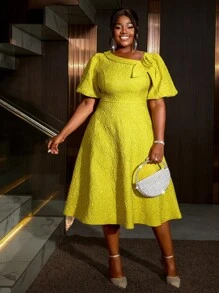 Đầm chữ A tay phồng xòe họa tiết hoa hồng jacquard cỡ lớn dành cho nữ, thích hợp đi làm, dự tiệc cocktail thanh lịch, dạ hội hoặc các dịp khác như sinh nhật, đám cưới, tốt nghiệp, tiệc tối, lễ hội, tiệc tùng, ngày Valentine. - Màu vàng - Xem 6