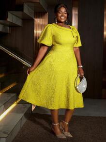 Đầm chữ A tay phồng xòe họa tiết hoa hồng jacquard cỡ lớn dành cho nữ, thích hợp đi làm, dự tiệc cocktail thanh lịch, dạ hội hoặc các dịp khác như sinh nhật, đám cưới, tốt nghiệp, tiệc tối, lễ hội, tiệc tùng, ngày Valentine. - Màu vàng - Xem 5