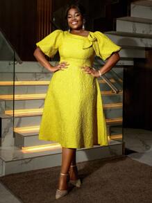 Đầm chữ A tay phồng xòe họa tiết hoa hồng jacquard cỡ lớn dành cho nữ, thích hợp đi làm, dự tiệc cocktail thanh lịch, dạ hội hoặc các dịp khác như sinh nhật, đám cưới, tốt nghiệp, tiệc tối, lễ hội, tiệc tùng, ngày Valentine. - Màu vàng - Xem 3