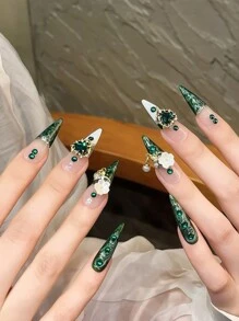 10 件豪华套装，包含绿宝石、水晶心形、白色人造珍珠母贝小花人造珍珠吊坠装饰，适合女性派对场合的优雅装扮，可重复使用的指甲油贴纸套装，配有迷你磨刀棒，可按压指甲，美甲用品，美甲 - 綠色 - 查看 4