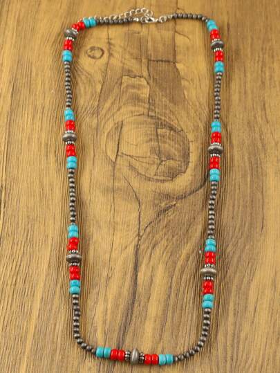 1pc Women's Bead Necklace, Made Of Western Country Style Tribe Pearls Inlaid With Turquoise, Chain Necklace, Bohemian Jewelry, Western Women's Pearl Necklace, Suitable For Various Combinations Or Gifts