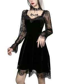 Women Gothic Dress Vintage Lace Grunge Punk Goth Dresses Casual Cosplay Party Cocktail Halloween - 黑色 - 查看 4