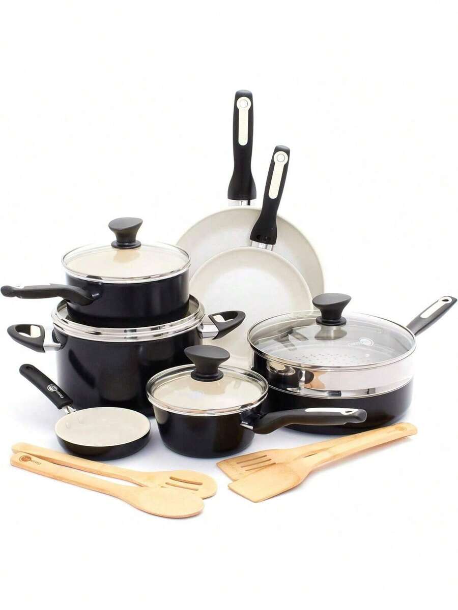 Rio Healthy Ceramic Nonstick 16 Piece Cookware Pots And Pans Set, PFAS