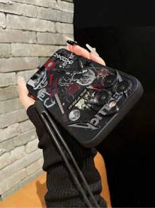 Étui de téléphone portable doux anti-chute avec bord droit perforé, peint, avec sangle de poignet en silicone noir attachée.