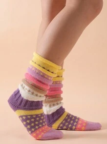 条纹袜，室内地板袜，中筒袜，适合秋冬季节、户外休闲穿着，Y2K风格，舒适保暖