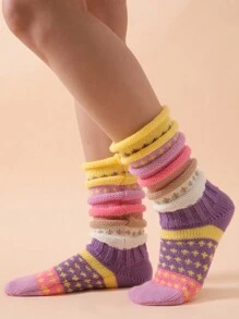条纹袜，室内地板袜，中筒袜，适合秋冬季节、户外休闲穿着，Y2K风格，舒适保暖