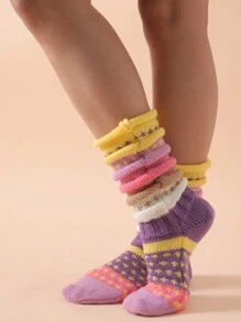 条纹袜，室内地板袜，中筒袜，适合秋冬季节、户外休闲穿着，Y2K风格，舒适保暖