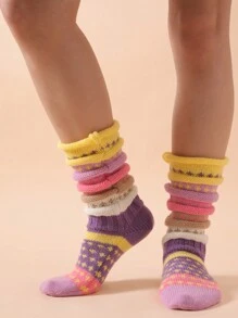 条纹袜，室内地板袜，中筒袜，适合秋冬季节、户外休闲穿着，Y2K风格，舒适保暖