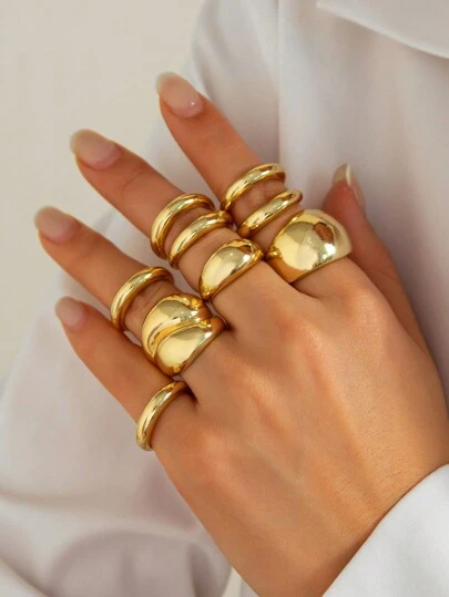 9/6 Pcs/Set Retro Minimalist Metal Hollow Geometric Water Drop Adjustable Rings, Gold & Silver Thick Jewelry Set, Suitable For Women Daily Wear, Casual Holiday Decorative Charm Jewelry Gift