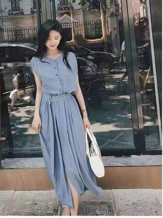 女式前扣短袖收腰中长连衣裙