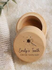 1 Pc Customized Tooth Fairy Box Teeth Memorial Round Wooden Box, Personalized Name 3D Carved Gift For Boys And Girls - Brown - View 8