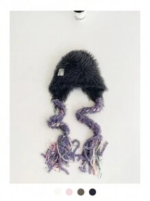 1 件装长发护耳帽，时尚彩色编织无檐便帽，女士保暖针织帽，秋冬季，新款撞色毛绒针织帽带护耳 - 彩色 - 查看 14