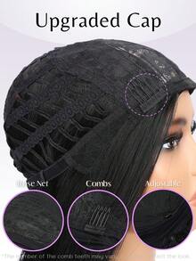 短款侧分波波头假发不对称精灵侧分刘海合成发 10 英寸浅色亚基假发直发亚基假发带刘海女士黑色波波头假发日常生活使用适合炎热季节 - 黑色 - 查看 9