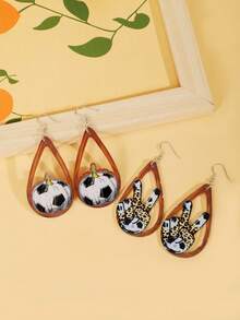 1 对足球豹纹 LOVE 水滴形亚克力个性创意耳环耳环，精致的女士特别礼物 - 彩色 - 查看 2