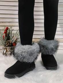新款女士时尚休闲保暖防滑户外毛边雪地靴，冬季百搭黑色鞋 - 黑色 - 查看 3