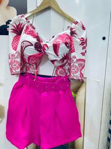 RAW CLOTHING New Set Of One-Size-Fits-All Shirt That Ties At The Back With Elastane And Print, Shorts With Belt And Pocket - 粉色 - 查看 3