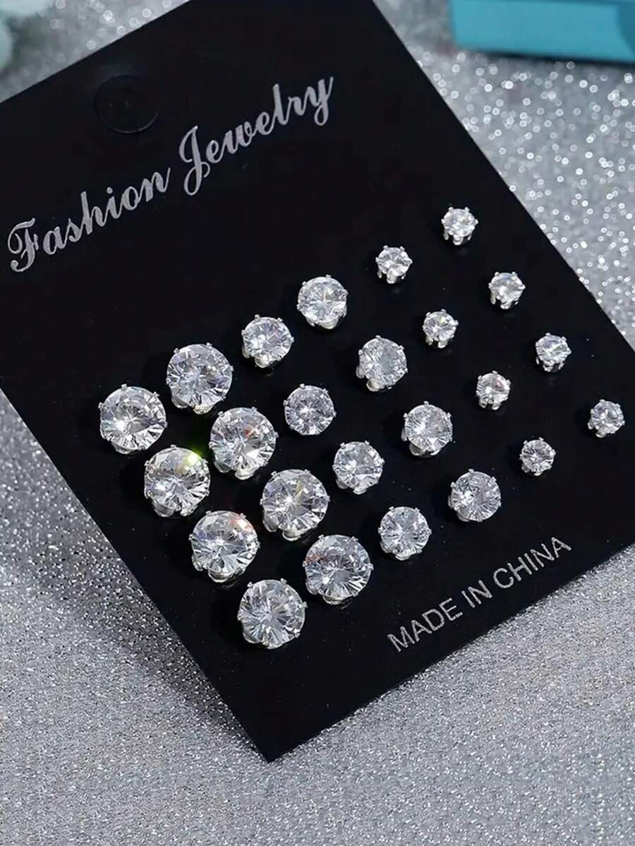 kuuioe 12 Pairs Of Simple Exquisite Fashion Zirconia Inlaid Earrings In Different Sizes, Men's Creative Gift Earrings Set For Wedding Party - Earrings - View 1