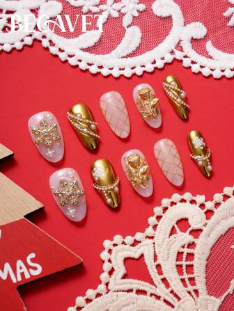Upgrade Your Look With Begavet 10Pcs Handmade Salon Quality Christmas Press On Nails Short Almond Chrome Golden Nails Exclusive Design 3D Nails With 3D Charms, Suitable For Parties And Daily Wear Nail Supplies Nails