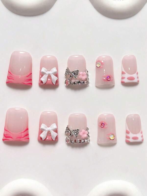 Y2K Handmade Duck Beak Nail Patches, Set Of 10- Pink, Translucent, With French Patches, 3D Water Droplets, 3D Lace, Carvings, Bows, And Butterflies. Suitable For Women And Girls, Gatherings, And Daily Wear. Including Nail Tools. The Color Of Nail Accessories Is Random