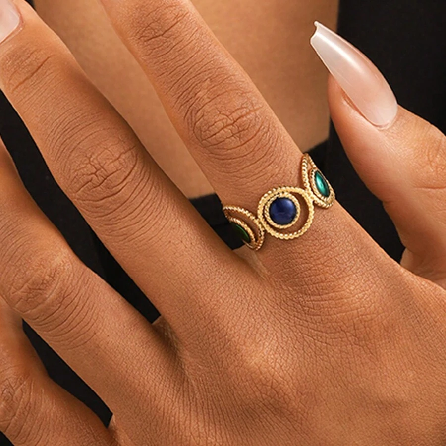 COINBUFF 1 件时尚空心圆形滴油 18K 镀金不锈钢可调节戒指，适合女性日常佩戴 - 如圖 - 查看 1