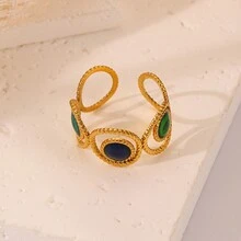 COINBUFF 1 件时尚空心圆形滴油 18K 镀金不锈钢可调节戒指，适合女性日常佩戴 - 如圖 - 查看 2