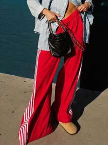 Women's Side Striped Pants Loose Elastic Waist Drawstring Straight Leg Casual Sweatpants With Pockets Y2k Track Pants Baggy Striped Joggers