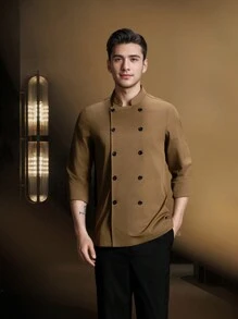 Khaki Long Sleeve Chef Uniform, Skin-Friendly Breathable & Durable, Washable Non-Pilling Non-Shrink, Double-Breasted Design, Available In Small Size, Unisex, Suitable For Cafe, Fast Food, Catering, Bakery, Hotel Kitchen, Restaurant, Cafeteria, Western Restaurant, Autumn/Winter/Spring - Khaki - View 3