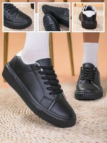 Giày thể thao buộc dây trang trí giản dị cho nữ, giày trượt ván - Đen và trắng - Xem 8