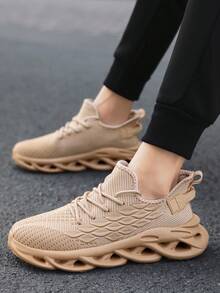 男士时尚条纹透气网眼休闲运动鞋，减震人字形鞋底柔软灵活运动鞋，适合户外 - 卡其色 - 查看 7