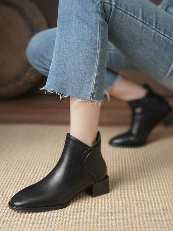New 2024 Autumn/Winter Women Fashion Pointed Toe Chunky Heel Boots, Mid Heel Slim Fit Ankle Boots With Back Zipper, Black Vintage Square Heel Ankle Boots, Chelsea Short Boots