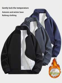 男士户外运动立领羊毛夹克，加厚保暖双面羊羔绒衬里，秋冬 - 黑色 - 查看 1